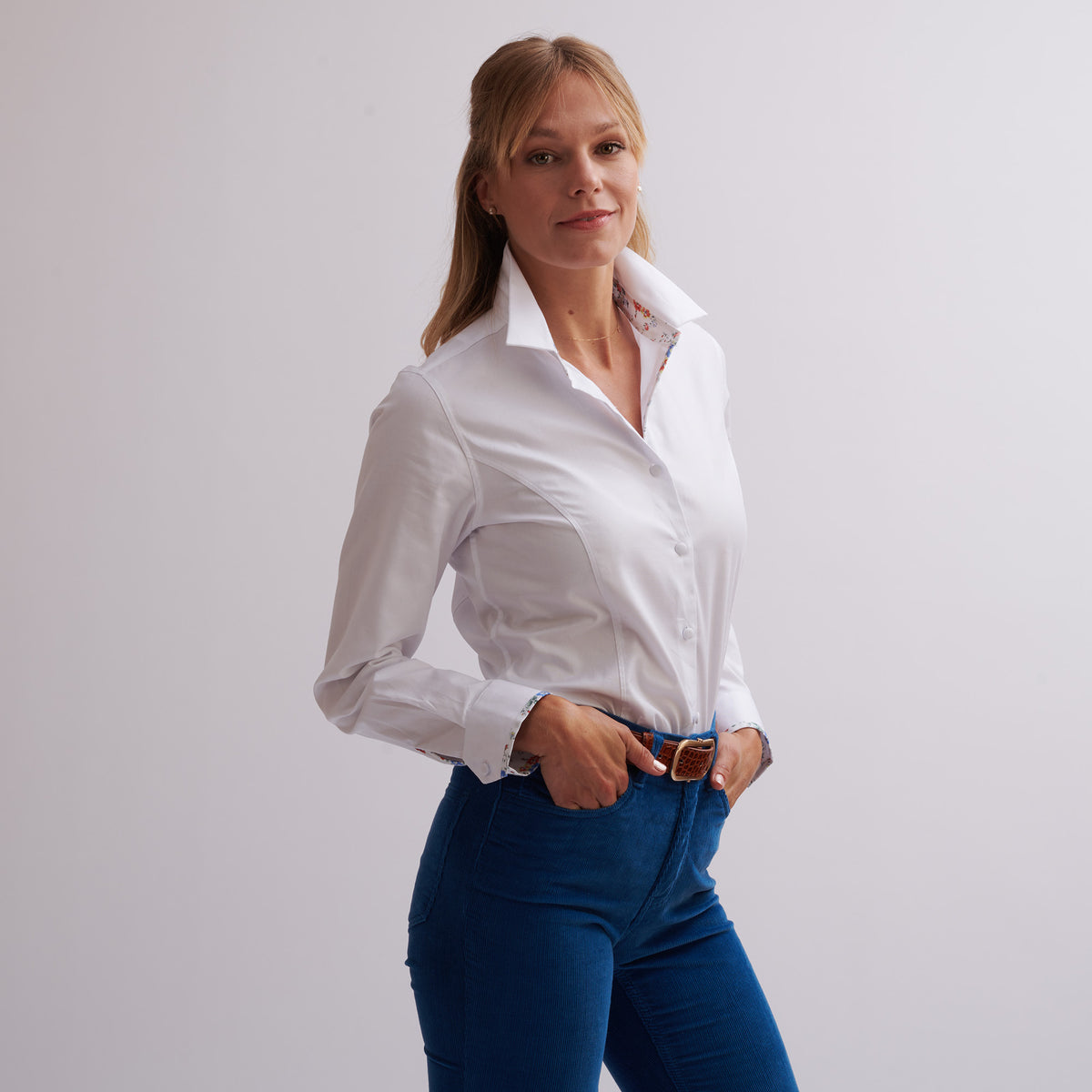 Classic White Tailored Shirt with Floral Trim