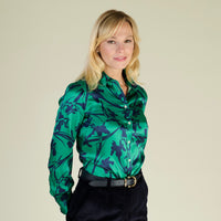 Iris Scatter Satin Silk Shirt Made with Liberty fabric