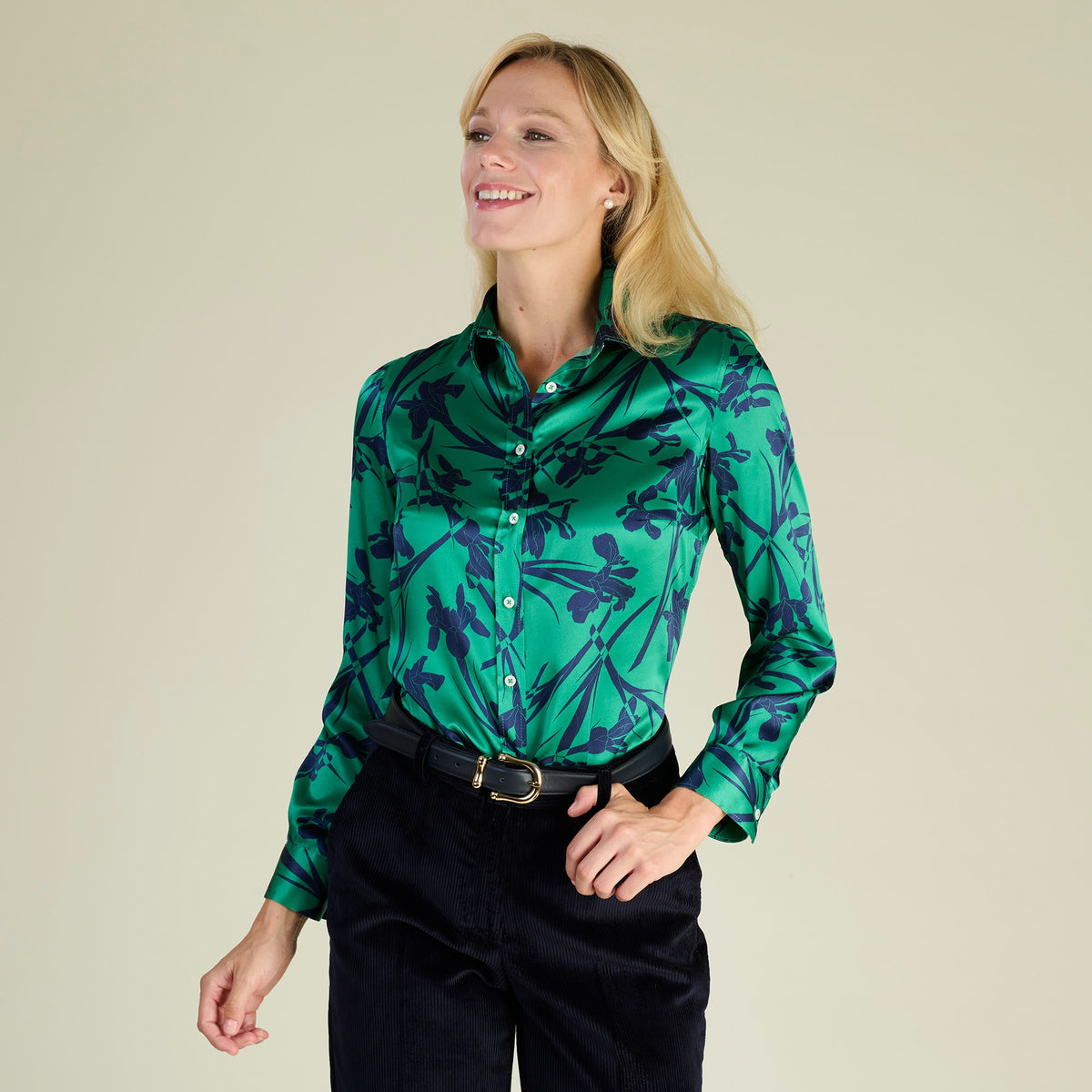 Iris Scatter Satin Silk Shirt Made with Liberty fabric