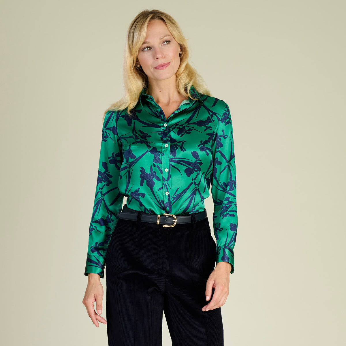 Iris Scatter Satin Silk Shirt Made with Liberty fabric