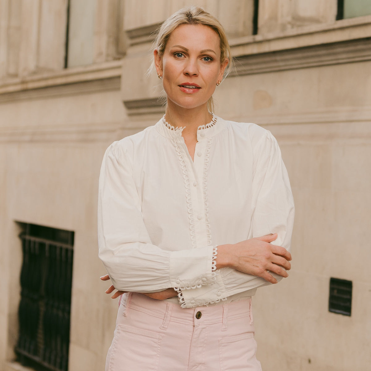 White Frogging Trim Cotton Blouse