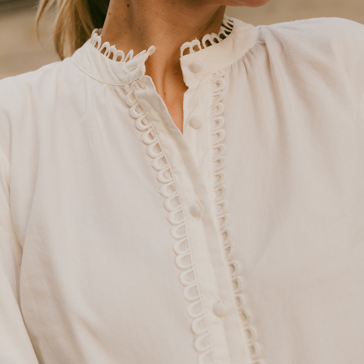 White Frogging Trim Cotton Blouse