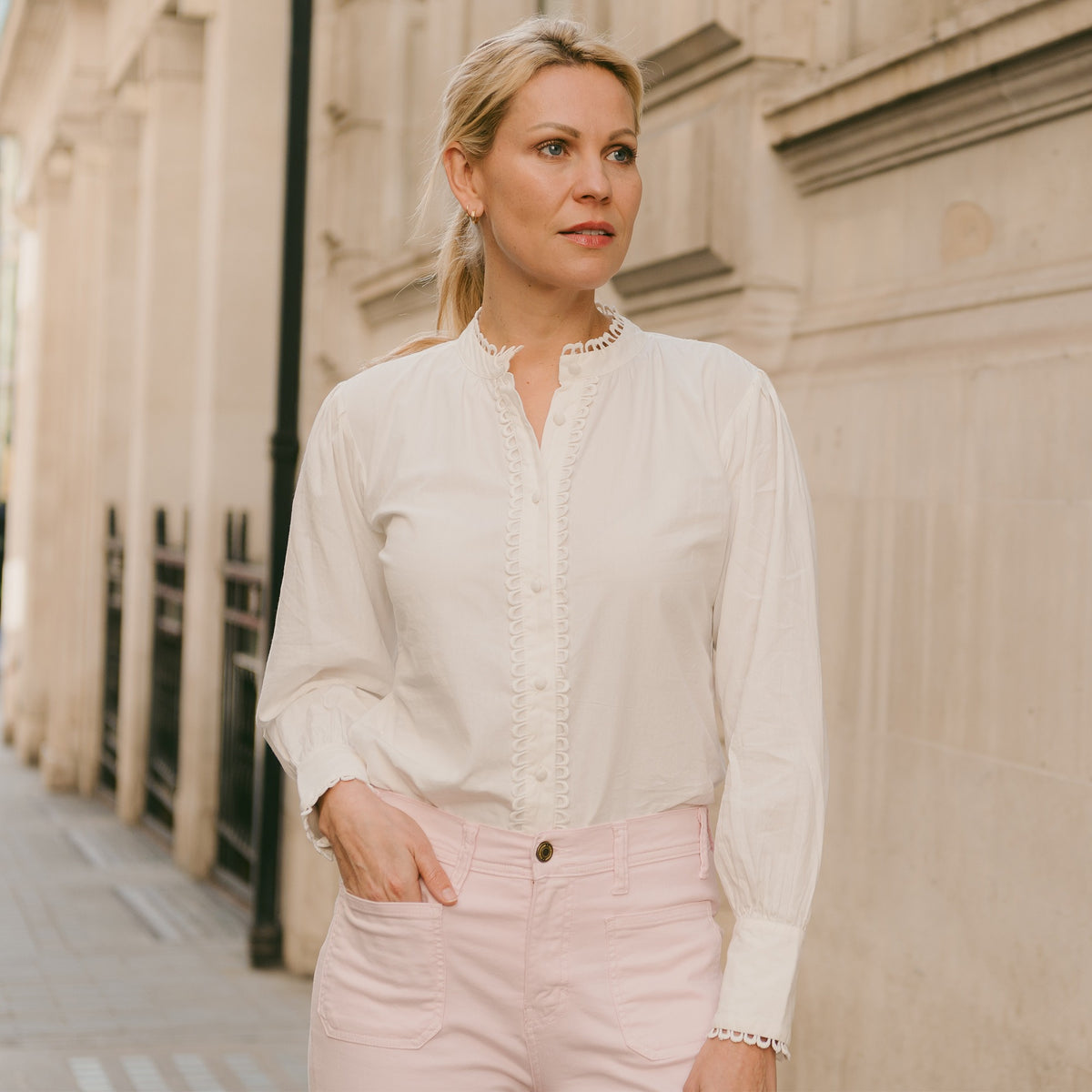 White Frogging Trim Cotton Blouse