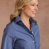 Navy Gingham Floral Trim Shirt