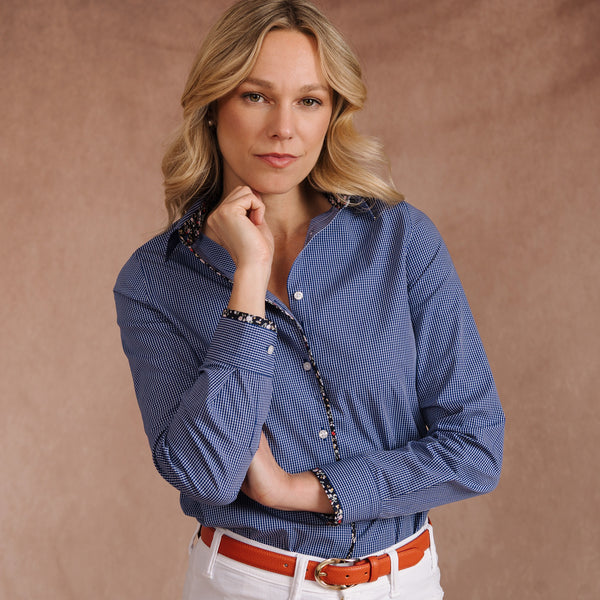 Navy Gingham Floral Trim Shirt