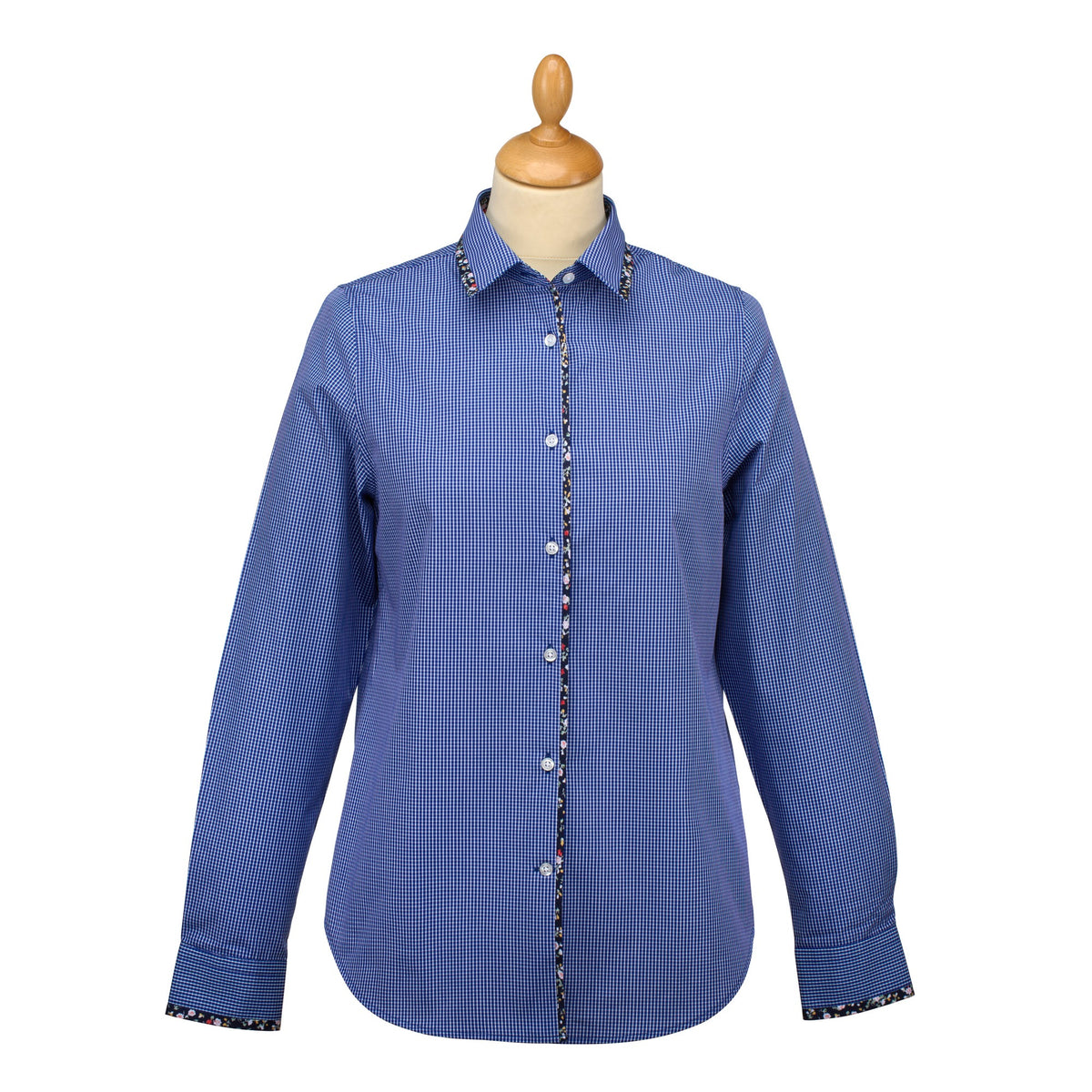 Navy Gingham Floral Trim Shirt