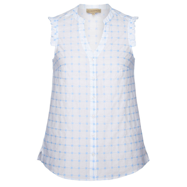 Blue Cotton Embroidered Sleeveless Shirt
