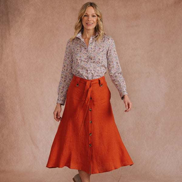 Orange Linen Belted Skirt