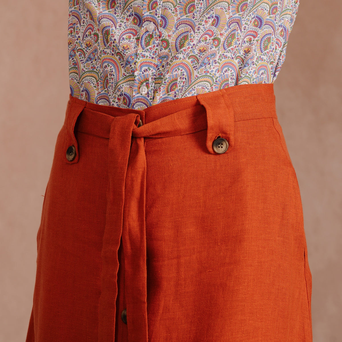 Orange Linen Belted Skirt