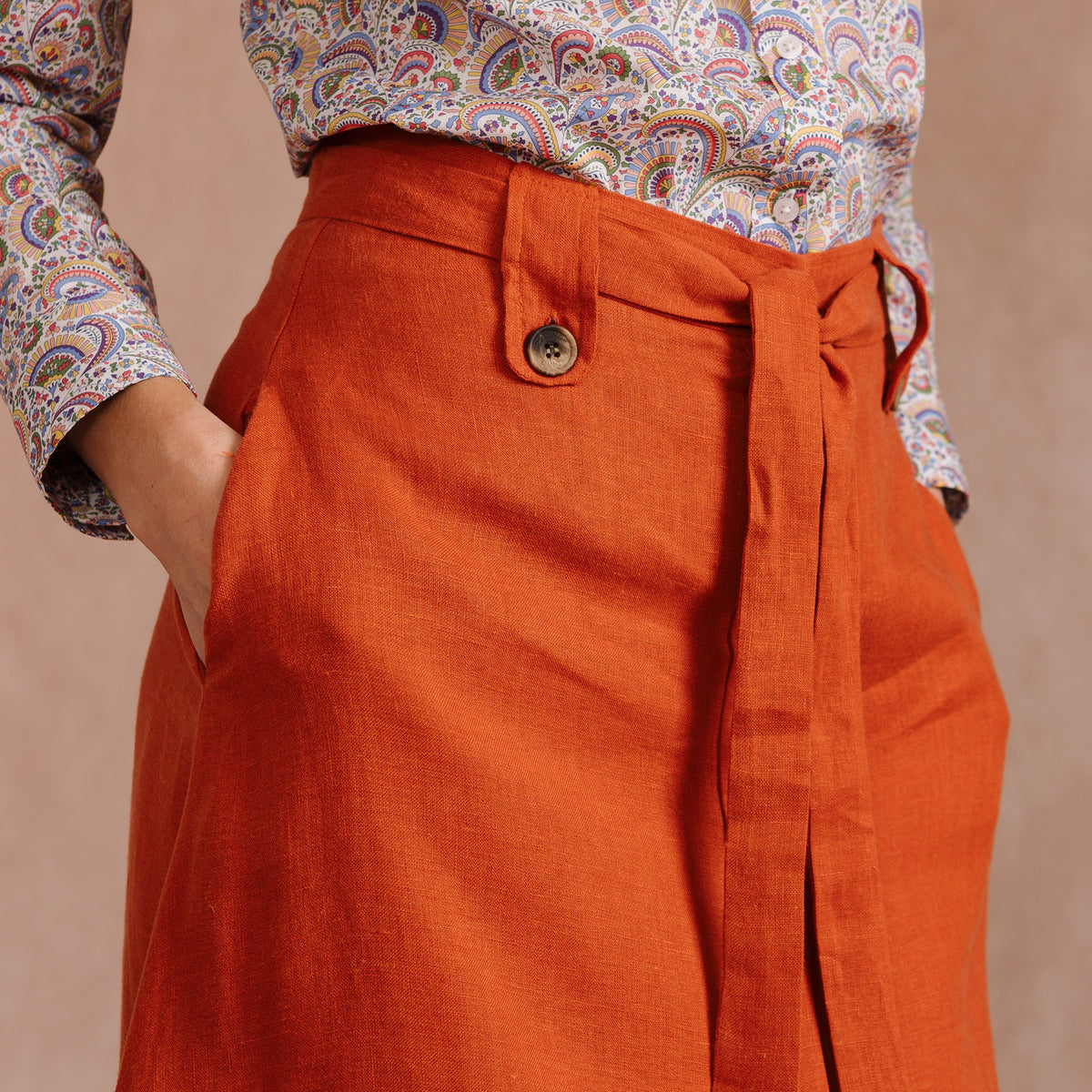 Orange Linen Belted Skirt