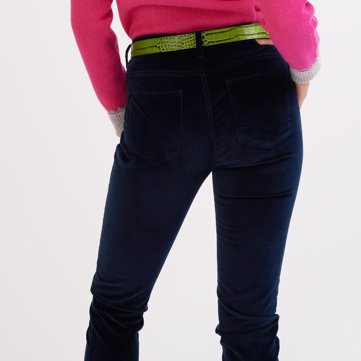 Navy Straight Leg Velvet Trousers