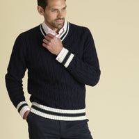 Navy Cable Wool and Cashmere Cricket Jumper