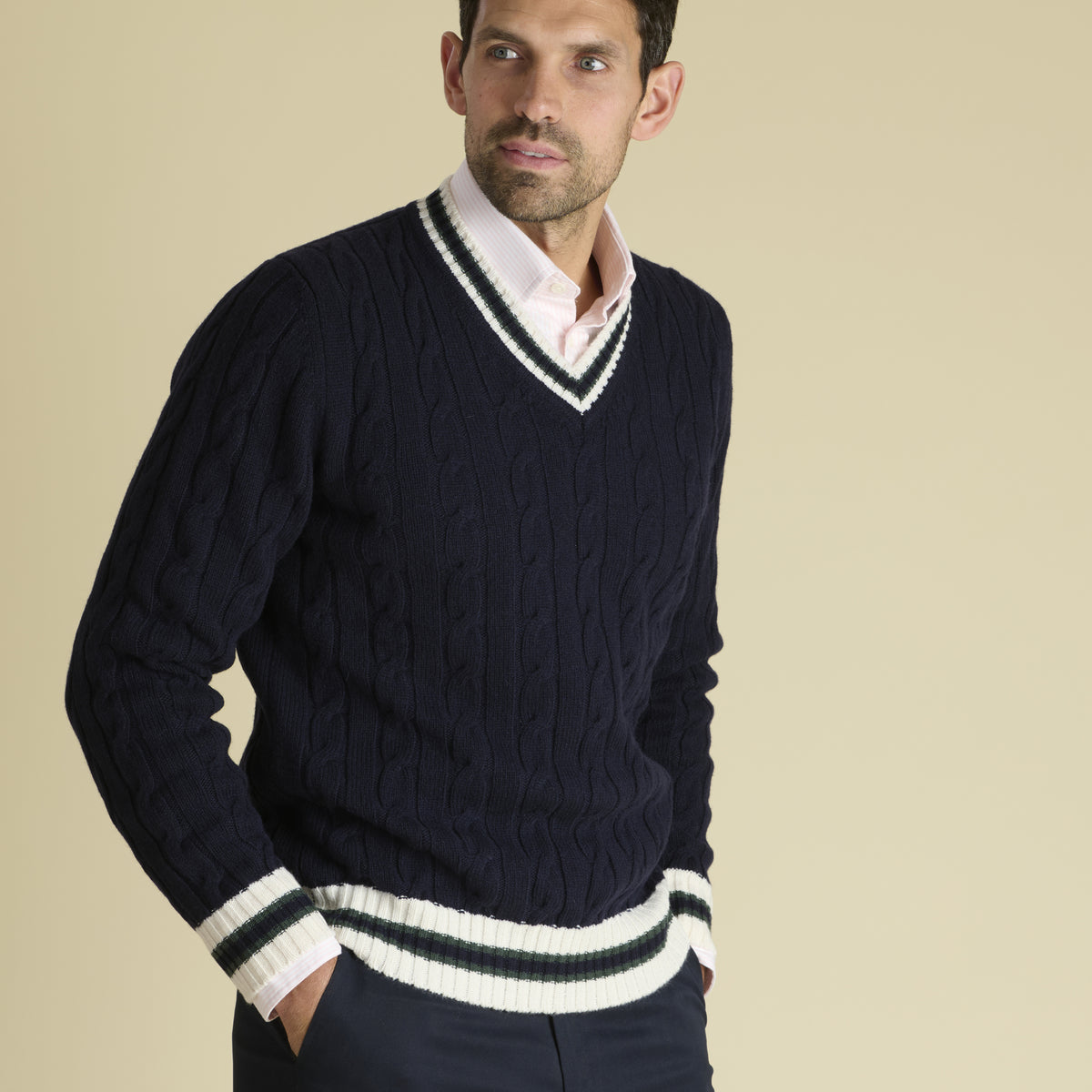 Navy Cable Wool and Cashmere Cricket Jumper