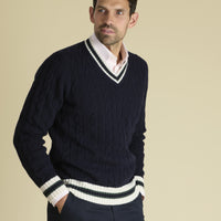 Navy Cable Wool and Cashmere Cricket Jumper