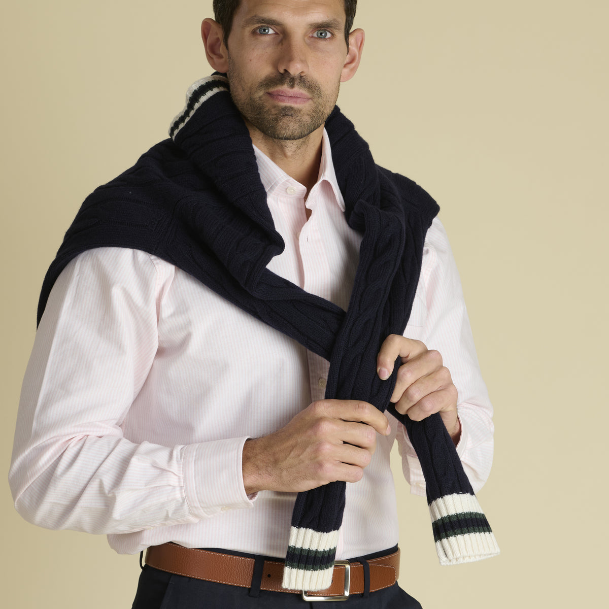 Navy Cable Wool and Cashmere Cricket Jumper