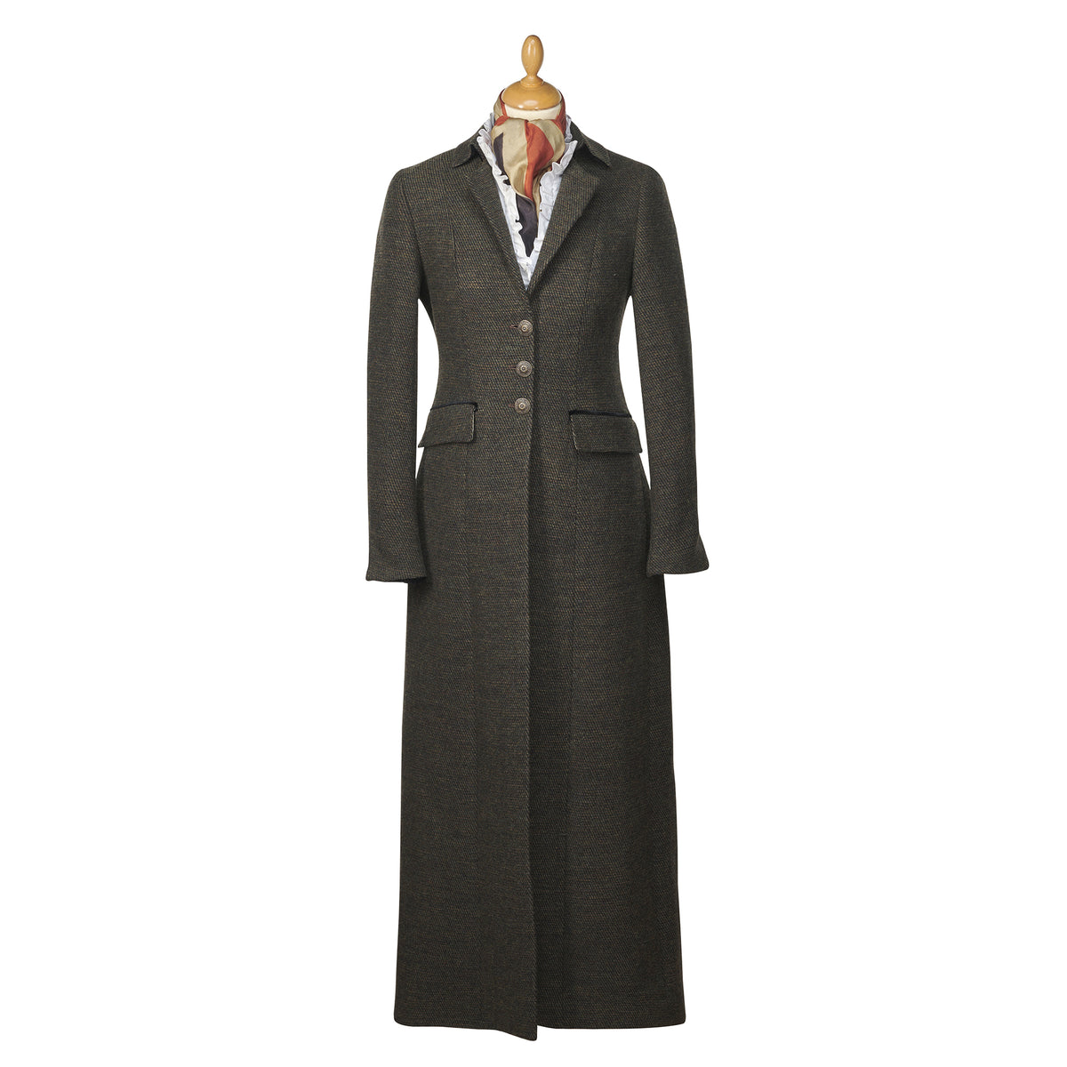 Moss Green Long Tweed With Velvet Trim Coat