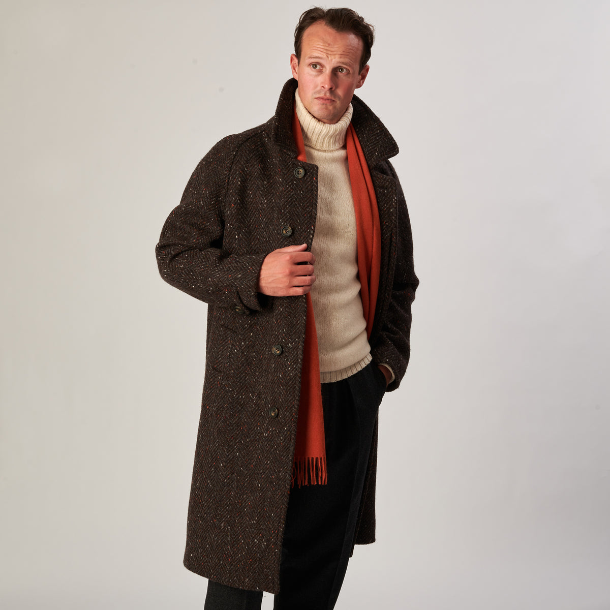 Brown Grey Herringbone Donegal Follifoot Coat