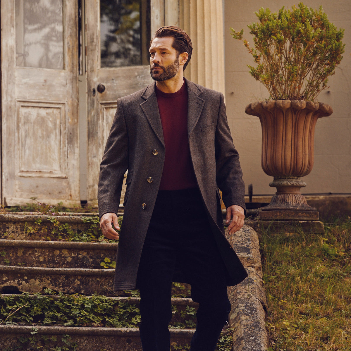 Brown Calder Herringbone Covert Coat