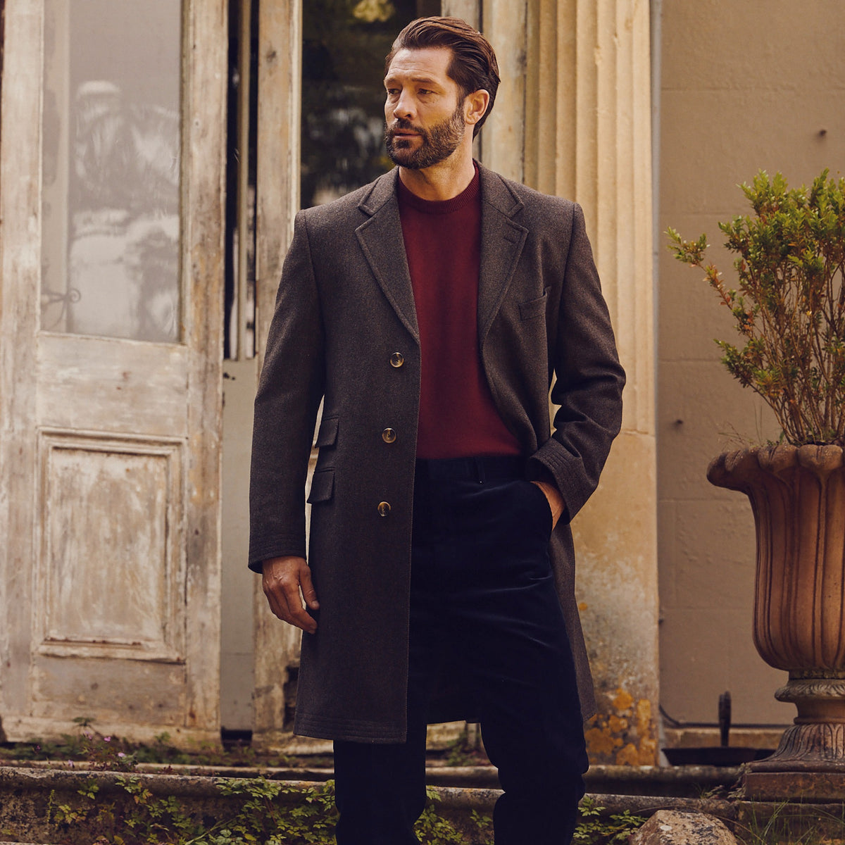 Brown Calder Herringbone Covert Coat