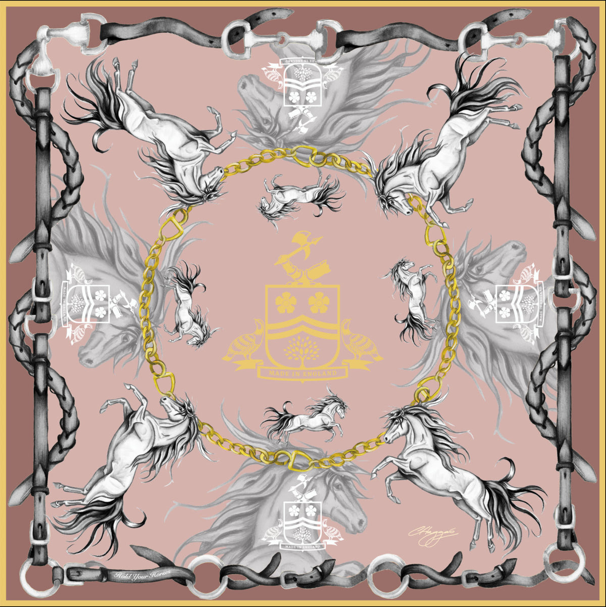 Hold Your Horses Large Square Pink Silk Scarf