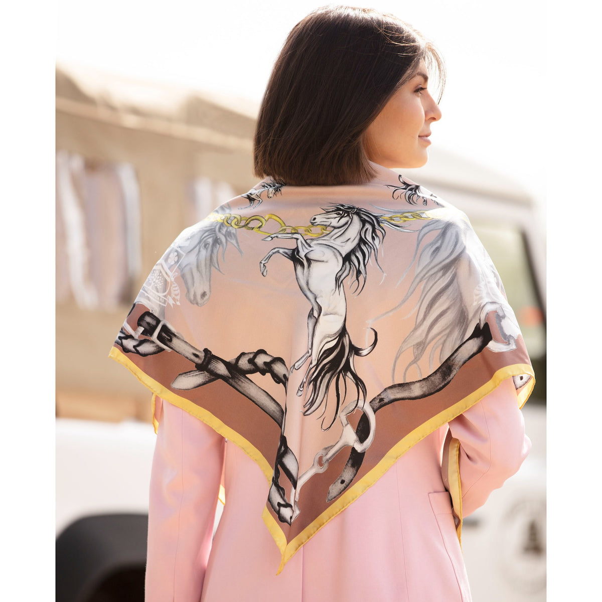 Hold Your Horses Large Square Pink Silk Scarf