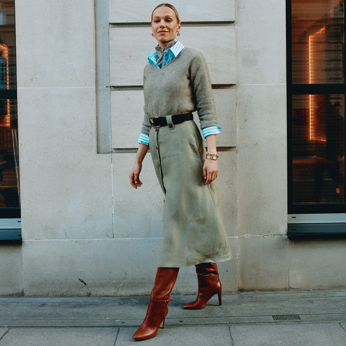 Khaki Maria Linen A-Line Skirt