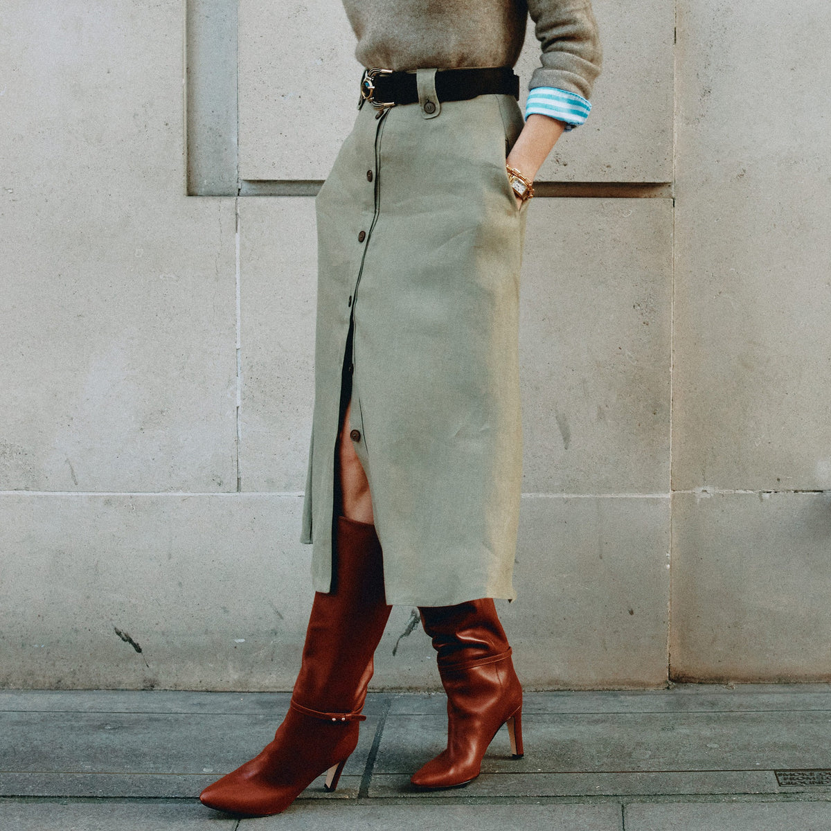 Khaki Maria Linen A-Line Skirt