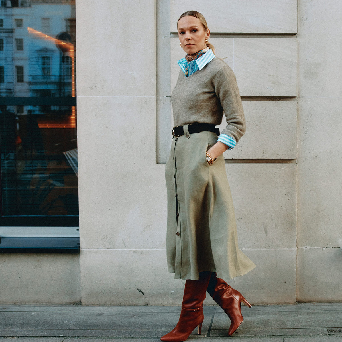 Khaki Maria Linen A-Line Skirt