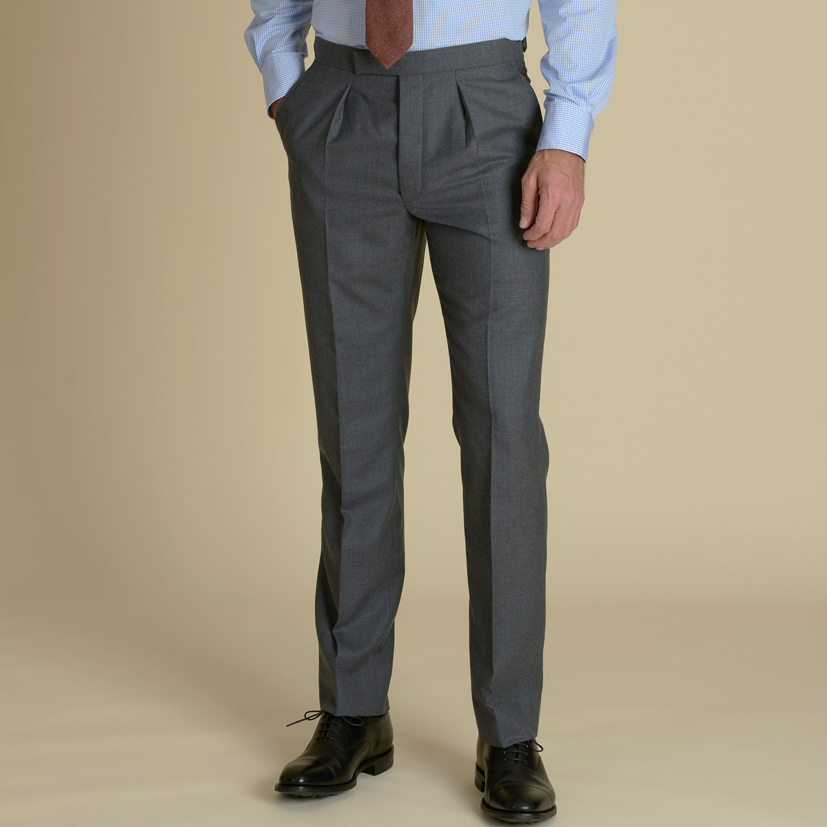 Grey Worsted Flannel Pleated Trousers