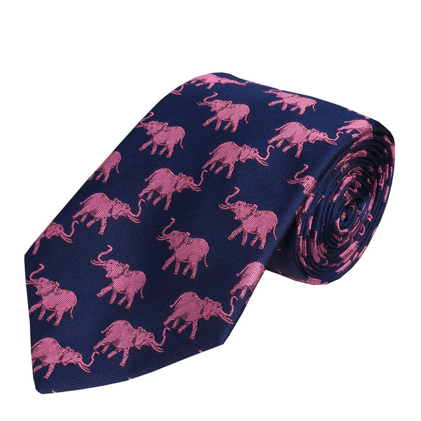 Navy Pink Elephant Silk Tie