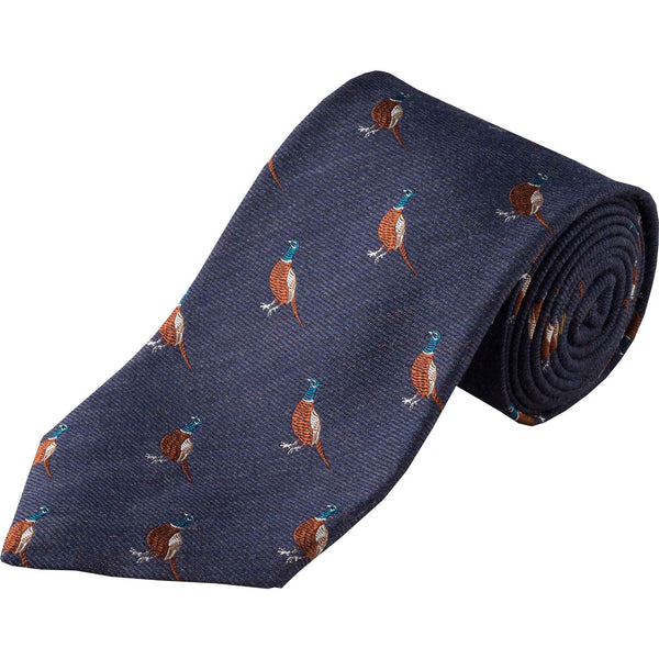 Navy Pheasant Woven Wool Silk Tie