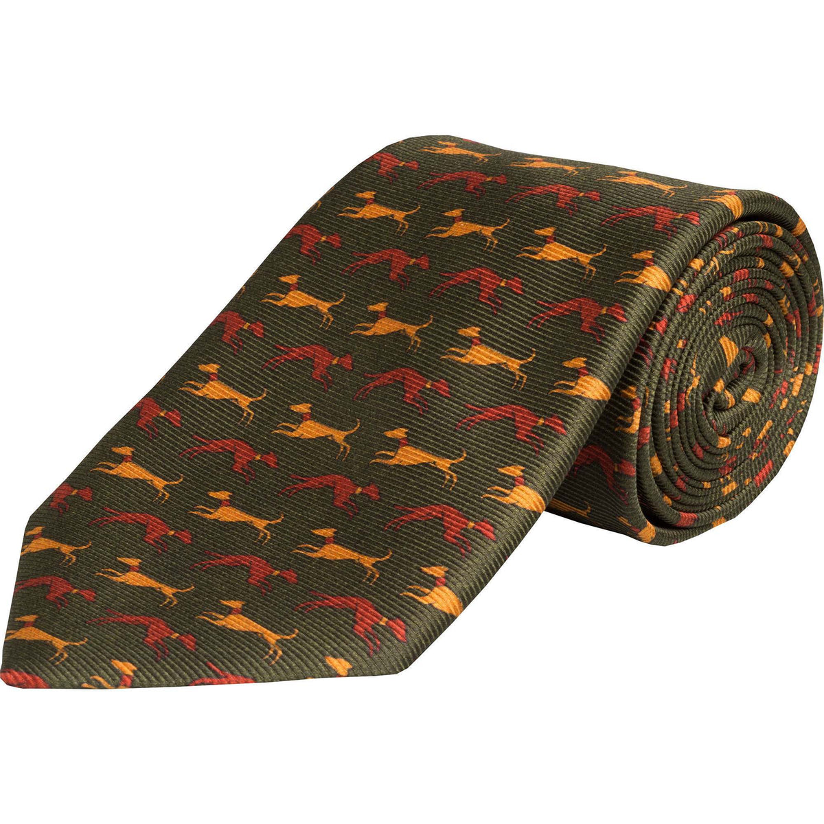 Olive Speeding Hound Printed Silk Tie