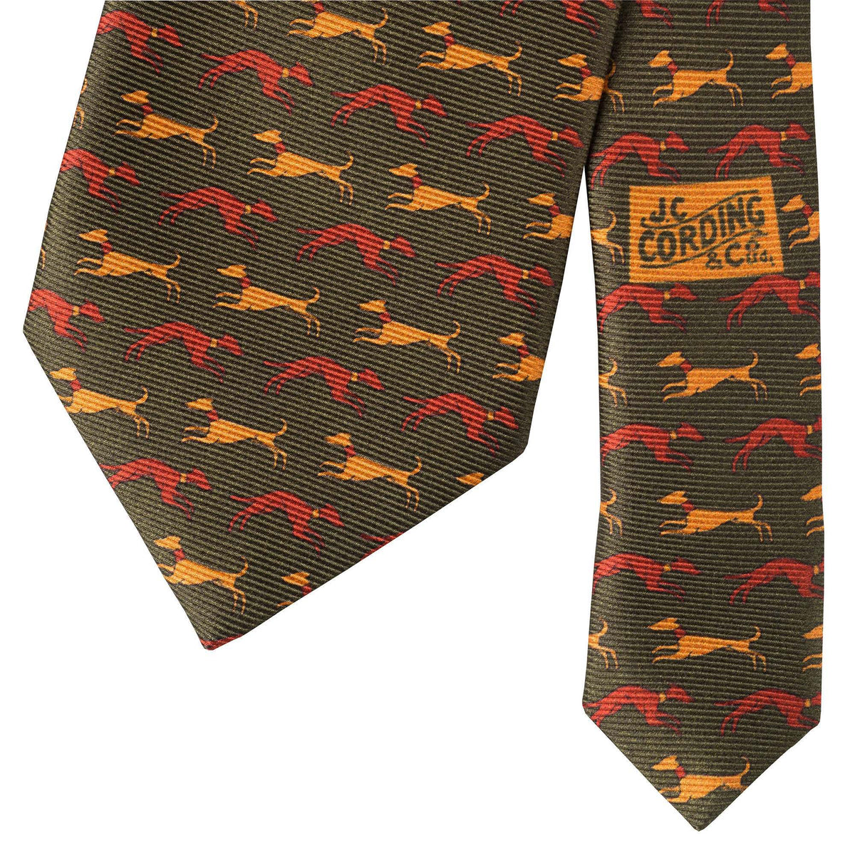Olive Speeding Hound Printed Silk Tie