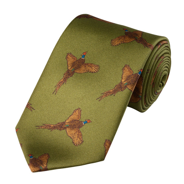 Olive Pheasant in Flight Silk Tie