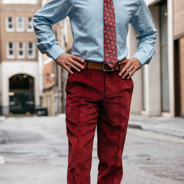 Red Zip Fly Needlecord Trousers