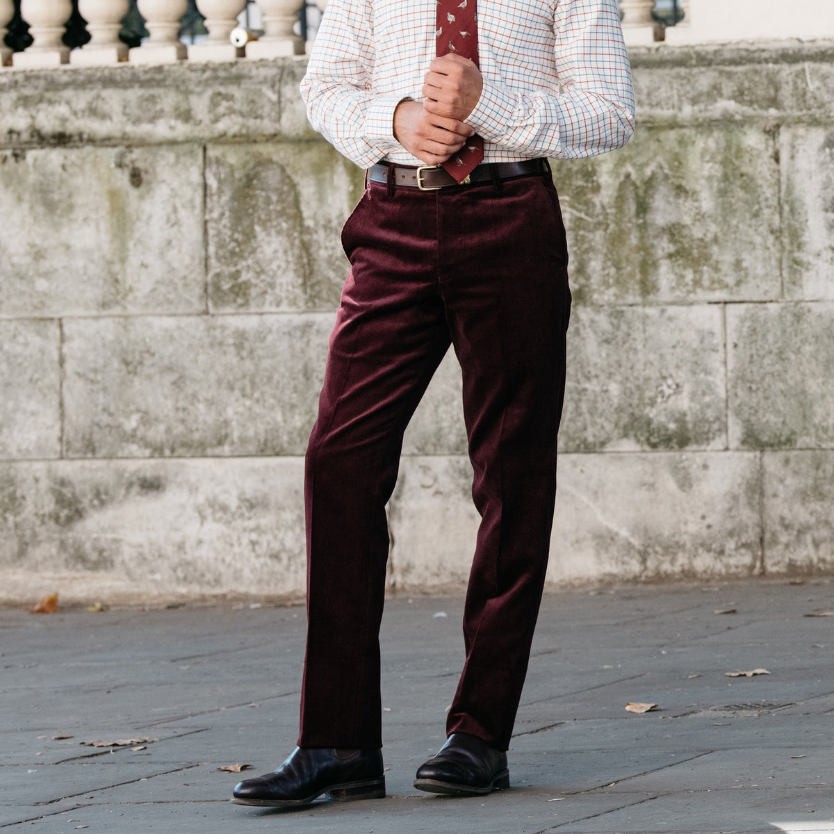 Plum Zip Fly Needlecord Trousers