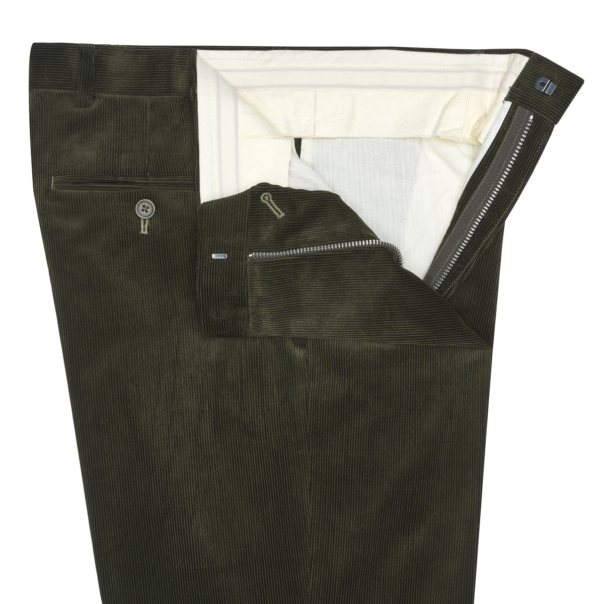 Olive Zip Fly Needlecord Trousers